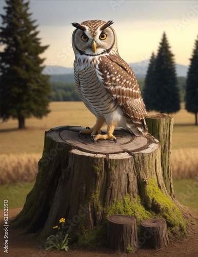 Image of an owl in its habitat, with a tree trunk, created by artificial generative intelligence