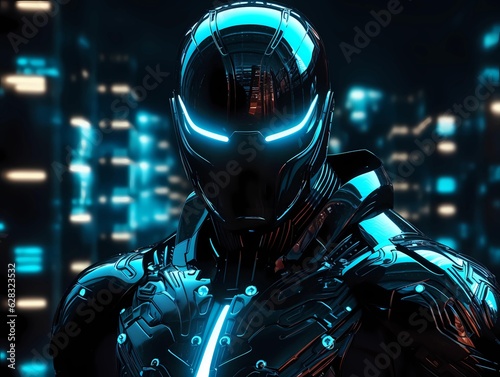 Futuristic robotic sentry robotic security agent with neon eyes lighting up © Oren