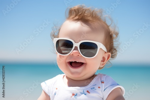 Happy smiling baby with sunglass. Generative AI