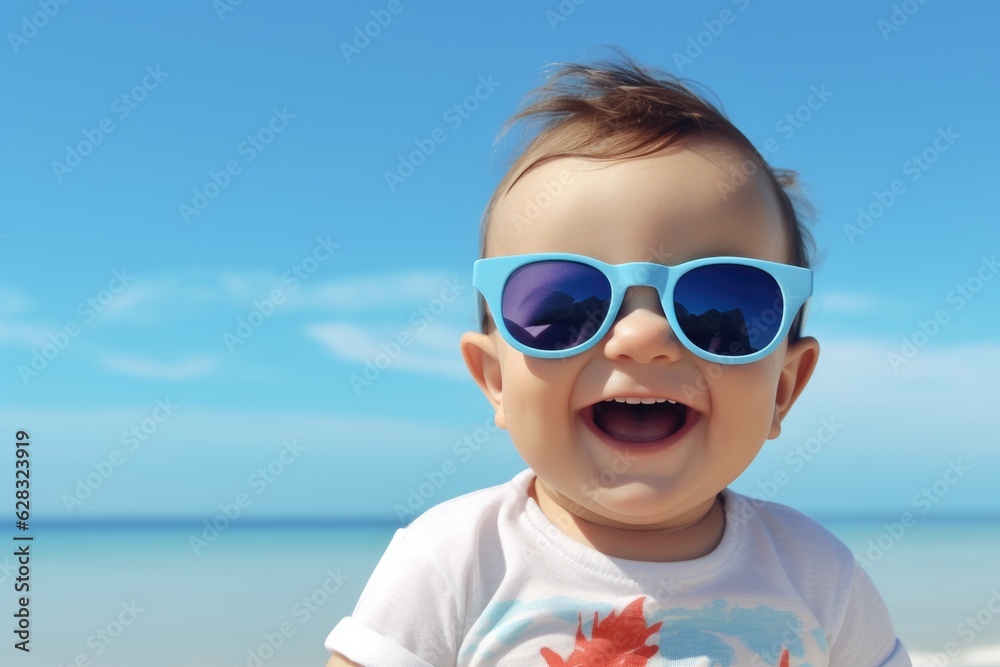 Happy smiling baby with sunglass. Generative AI Happy smiling baby with sunglass. Generative AI