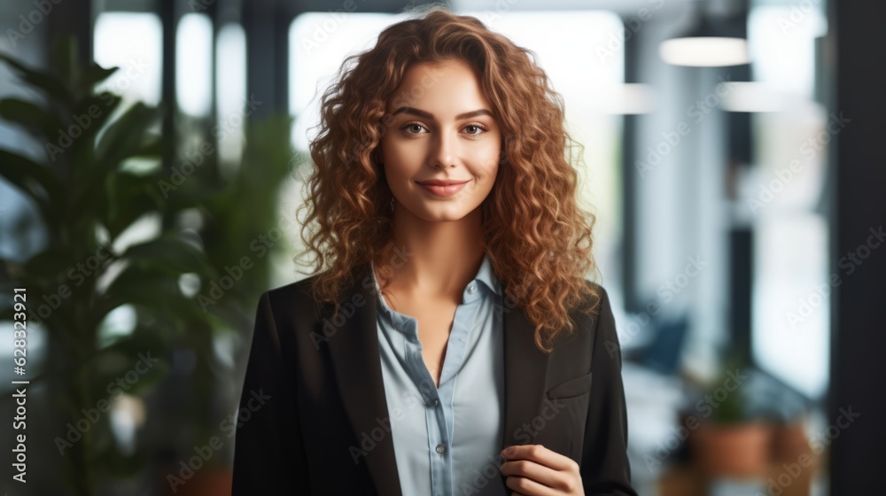 Fototapeta premium A woman in a suit is smiling for the camera, created with Generative Ai Technology