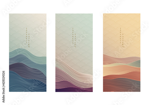 Japanese background with line wave pattern vector. Abstract art invitation card with geometric pattern. Mountain and ocean object in style.