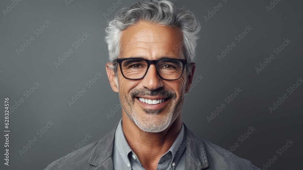 Fototapeta premium A smiling man with glasses and a gray shirt