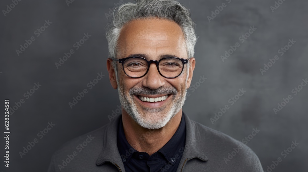 A smiling man with glasses and a gray jacket