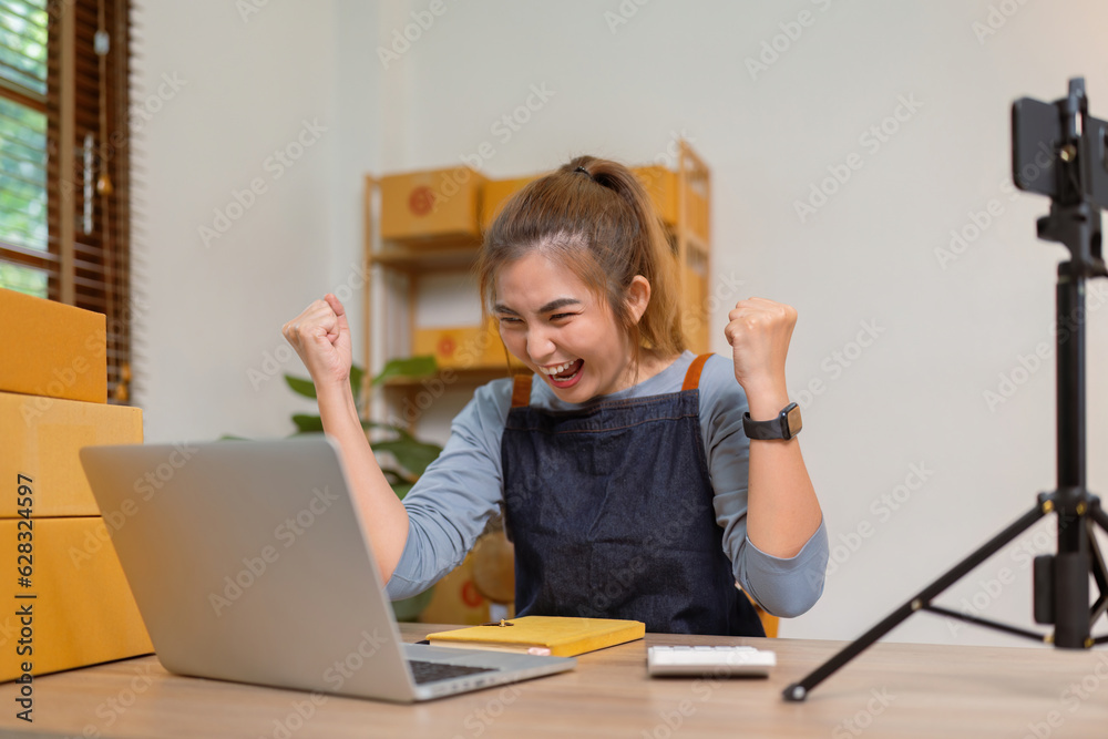 Young woman working online e-commerce shopping at her store happy with sales Young woman working online e-commerce shopping at her store happy with sales