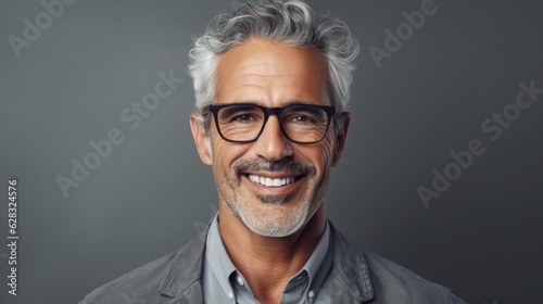 A smiling man with glasses and a gray shirt