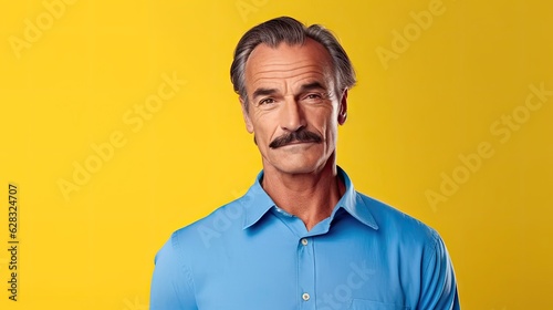 A man with a mustache and a blue shirt