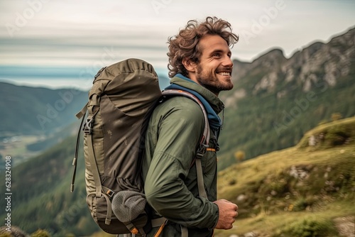 A man with a backpack on top of a mountain