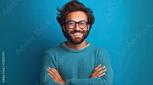A man with a beard and glasses standing in front of a blue wall
