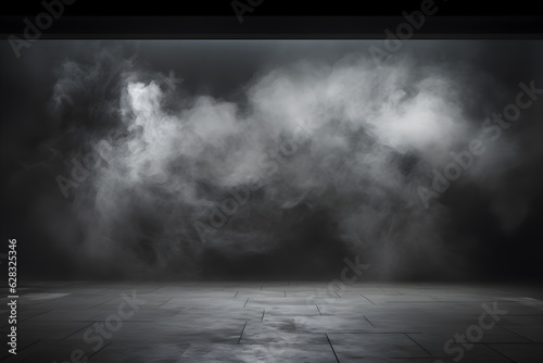 dark room concrete floor with smoke mist or fog, in the style of minimalist background, modern interior concept, AI generate