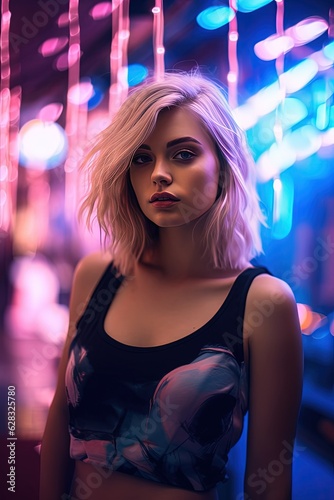 A woman standing in front of a neon background