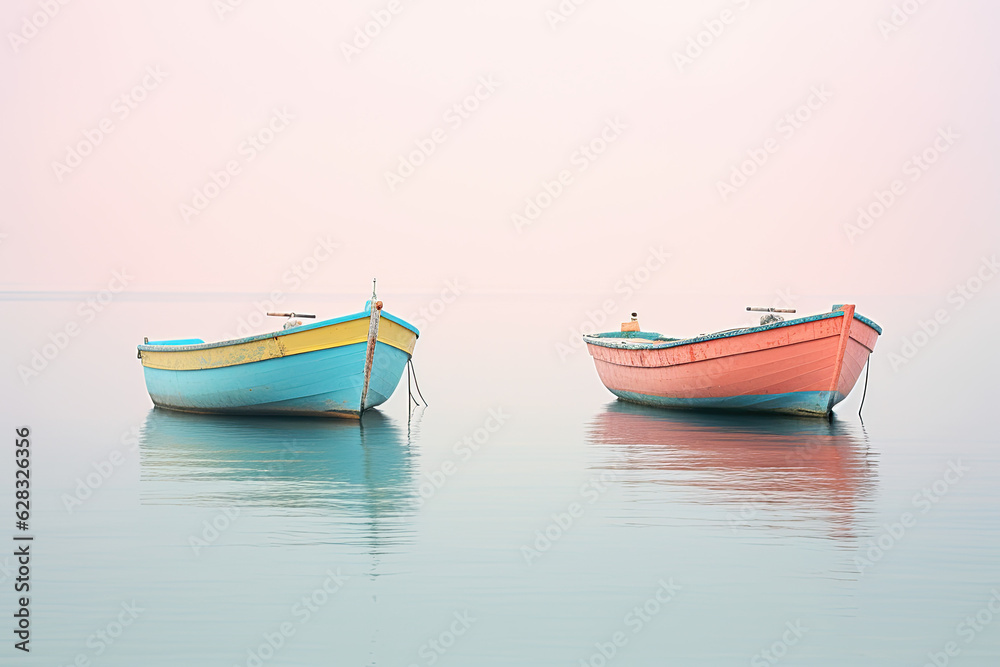 Colorful retro vintage boats on a calm water