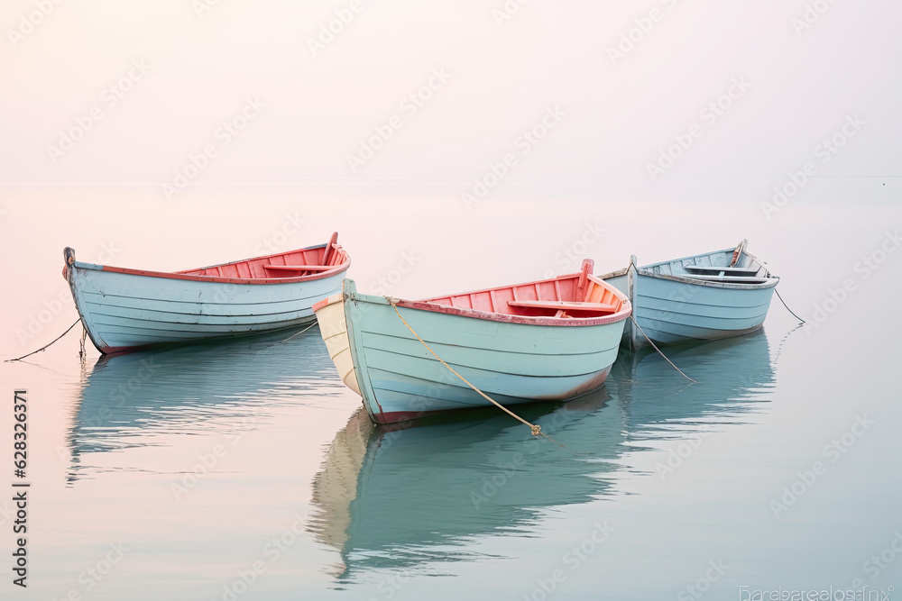 Colorful retro vintage boats on a calm water