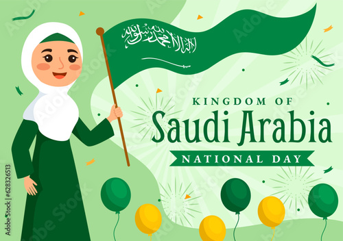 Happy Saudi Arabia National Day Vector Illustration on September 23 with Waving Flag Background in Flat Cartoon Hand Drawn Landing Page Templates