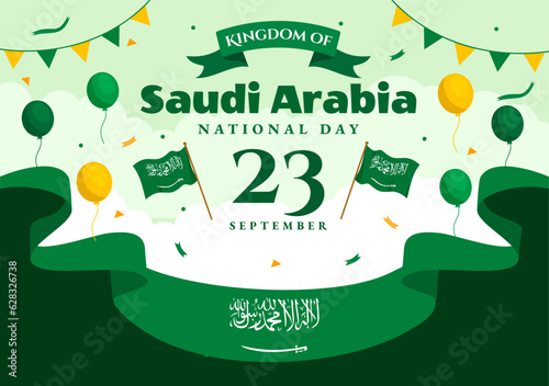 Happy Saudi Arabia National Day Vector Illustration on September 23 with Waving Flag Background in Flat Cartoon Hand Drawn Landing Page Templates