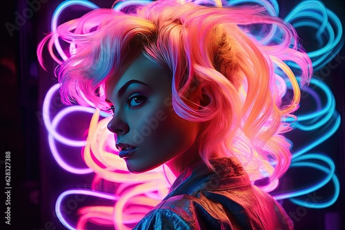 A woman with pink hair standing in front of neon lights