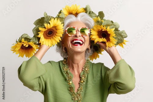 An older woman with sunflowers on her head