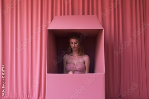 A woman standing in a pink box on a stage photo