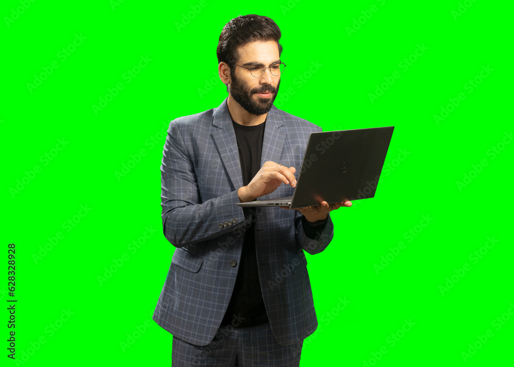 businessman with laptop green screen