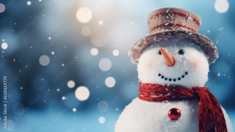 Snowman, winter background with space for copy. Generative AI Snowman, winter background with space for copy. Generative AI
