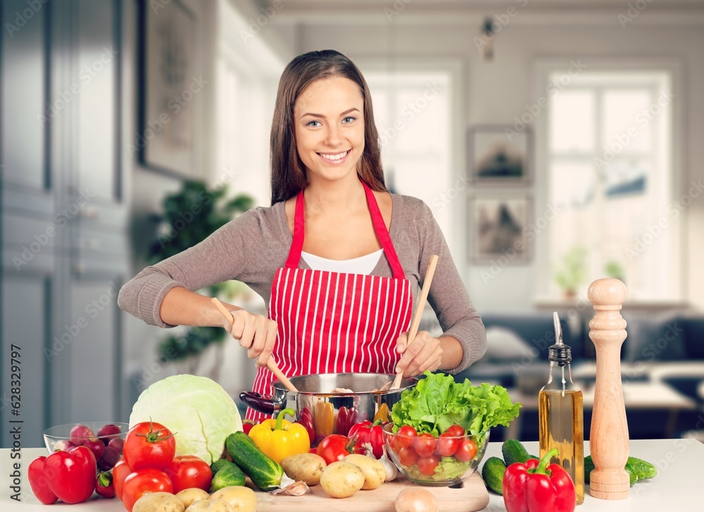 Portrait of slim healthy woman cooking food, AI generated image