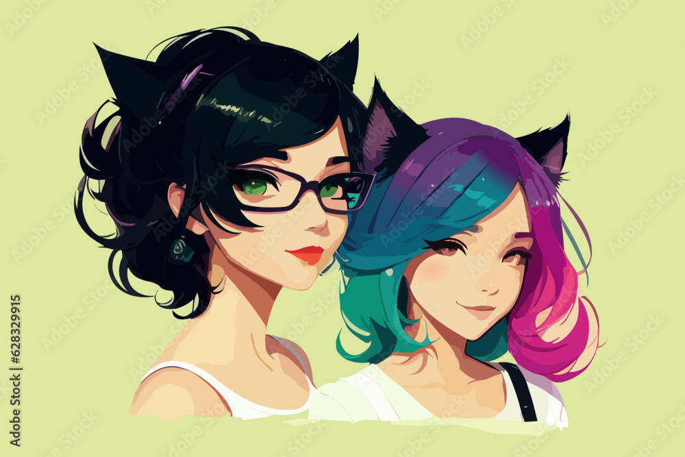 Portrait of two girls with cat ears. Friends, sisters. Teenagers, schoolgirls. Cosplay. Vector illustration isolated on a light background. Book illustration.