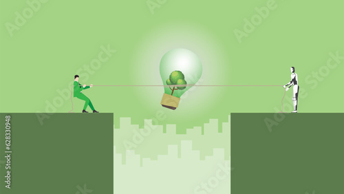 A businessman pulls rope for a tree big lightbulb. AI ESG idea complete, Renewable green energy, Environmental policy, Net zero emission, Carbon footprint reduction, Sustainable, Eco-friendly concept