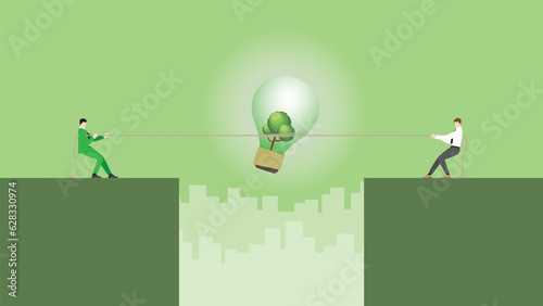 ESG business ideas compete. Pull rope for a tree big lightbulb. Renewable, Alternative green energy, Environmental policy, Net zero emission, Carbon footprint reduction, Sustainable. and eco concept.