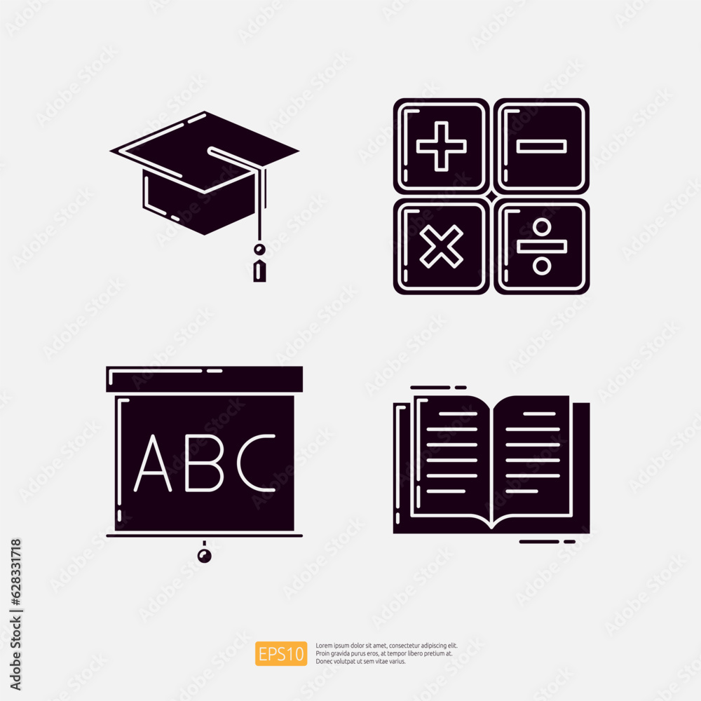 Vecteur Stock Graduation toga hat, calculator, whiteboard, open book ...