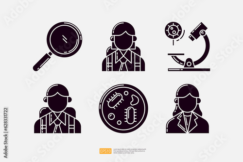 magnifier glass, microscope lab, student and teacher character, mold fungus bacteria colony. knowledge and education icon. science and school vector illustration