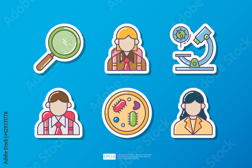 magnifier glass, microscope lab, student and teacher character, mold fungus bacteria colony. knowledge and education flat sticker icon. science and school vector illustration