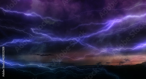 暗く厚い雨雲に走る雷、稲妻の背景 嵐・台風・豪雨・大雨・邪悪・不穏・ヘビーメタルのイメージ