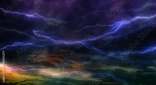 暗く厚い雨雲に走る雷、稲妻の背景 嵐・台風・豪雨・大雨・邪悪・不穏・ヘビーメタルのイメージ
