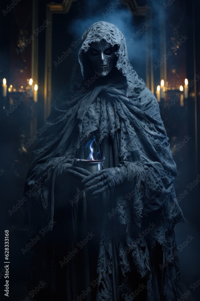 Halloween character in a haunted mansion like a ghost in dark atmosphere Halloween character in a haunted mansion like a ghost in dark atmosphere
