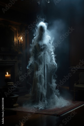 Halloween character in a haunted mansion like a ghost in dark atmosphere