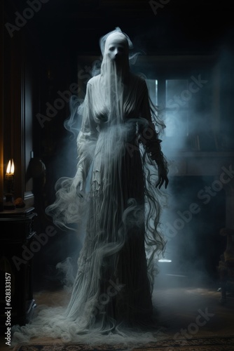 Fotobehang Halloween character in a haunted mansion like a ghost in dark atmosphere