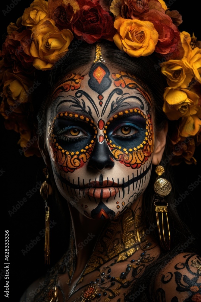 woman catrina with sugar skull makeup over halloween costume