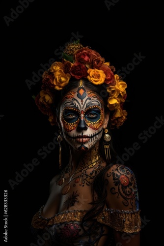 woman catrina with sugar skull makeup over halloween costume