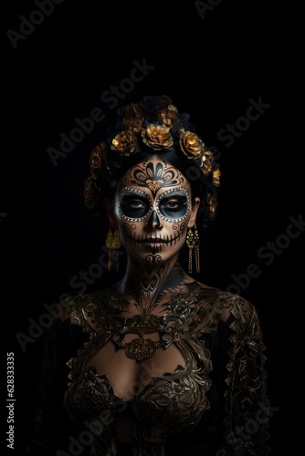 woman catrina with sugar skull makeup over halloween costume