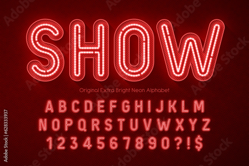 Neon light 3d alphabet, retro-futuristic original type.
