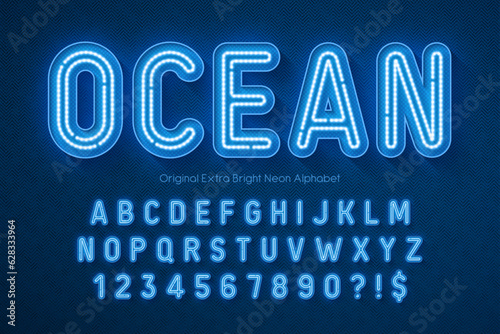 Neon light 3d alphabet, retro-futuristic original type.