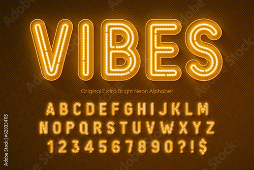 Neon light 3d alphabet, retro-futuristic original type.