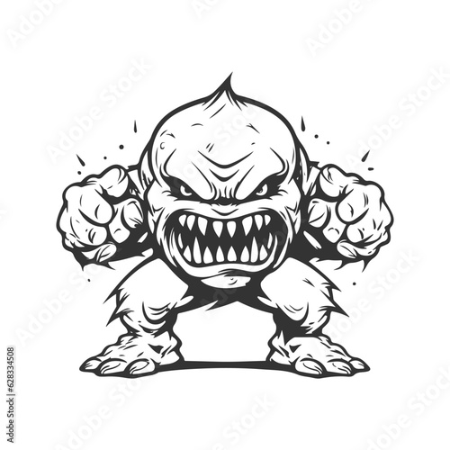 acrobatic monster fighter, vintage logo line art concept black and white color, hand drawn illustration