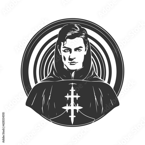 acolyte prince, vintage logo line art concept black and white color, hand drawn illustration