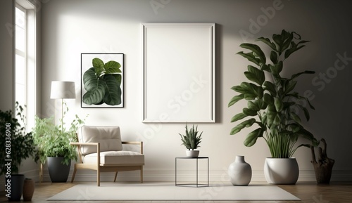 living room with a blank empty painting frame on a wal Generative Ai