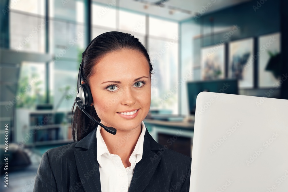 Happy call center worker woman consulting or support customer, AI generated image Happy call center worker woman consulting or support customer, AI generated image