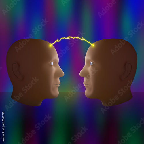  Two 3D-modeled heads face-to-face in an abstract space with lightning jumping between the two heads