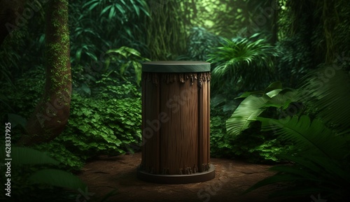 Wood pedestal in tropical forest for product presentat Generative Ai