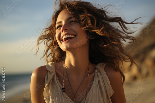 Happy young woman on the be...