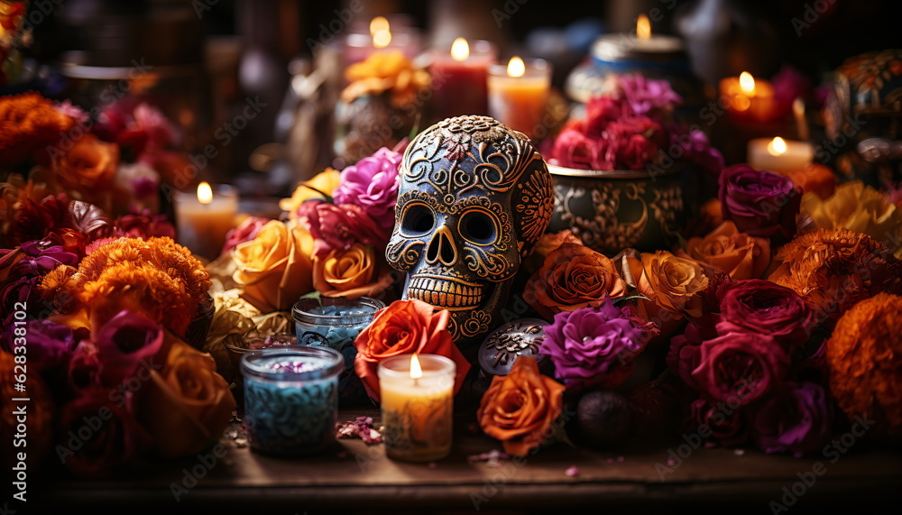 Traditional mexican altar for day of the dead with beautiful flowers and skull